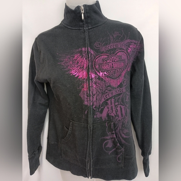 Harley-Davidson Black, Pink,Skulls,Roses Whimsigoth Gothic Zip-Up Jacket (#527) - Picture 1 of 12